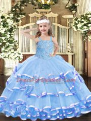 Aqua Blue Organza Lace Up Pageant Dresses Sleeveless Floor Length Beading and Ruffled Layers