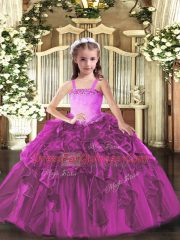 Floor Length Fuchsia Little Girls Pageant Gowns Straps Sleeveless Lace Up