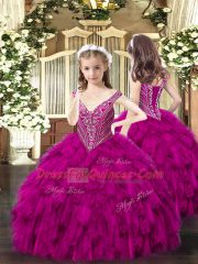 Sleeveless Organza Floor Length Lace Up Pageant Dress for Teens in Fuchsia with Beading and Ruffles
