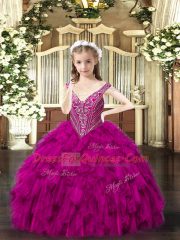 Sleeveless Organza Floor Length Lace Up Pageant Dress for Teens in Fuchsia with Beading and Ruffles