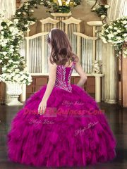 Sleeveless Organza Floor Length Lace Up Pageant Dress for Teens in Fuchsia with Beading and Ruffles