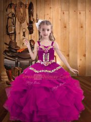 Super Floor Length Fuchsia Little Girl Pageant Dress Straps Sleeveless Lace Up
