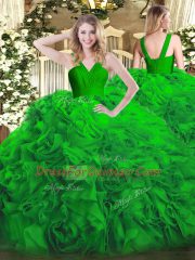Glittering Green Fabric With Rolling Flowers Zipper V-neck Sleeveless Floor Length Sweet 16 Quinceanera Dress Ruffles