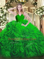 Glittering Green Fabric With Rolling Flowers Zipper V-neck Sleeveless Floor Length Sweet 16 Quinceanera Dress Ruffles