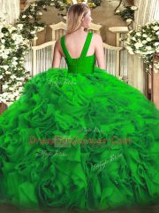 Glittering Green Fabric With Rolling Flowers Zipper V-neck Sleeveless Floor Length Sweet 16 Quinceanera Dress Ruffles