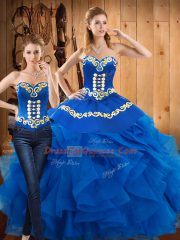 Blue Sleeveless Floor Length Embroidery and Ruffles Lace Up 15th Birthday Dress
