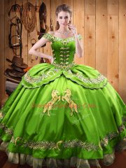 Super Ball Gowns Satin and Organza V-neck Sleeveless Beading and Embroidery Floor Length Lace Up Quinceanera Gowns