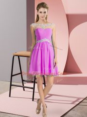 Lilac Chiffon Lace Up Scoop Cap Sleeves Mini Length Prom Party Dress Beading