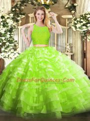 High Quality Yellow Green Zipper Sweet 16 Quinceanera Dress Lace and Ruffled Layers Sleeveless Floor Length
