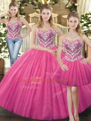 New Arrival Sweetheart Sleeveless Quinceanera Gowns Floor Length Beading Hot Pink Tulle