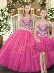 New Arrival Sweetheart Sleeveless Quinceanera Gowns Floor Length Beading Hot Pink Tulle