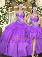 Custom Designed Eggplant Purple Ball Gowns Sweetheart Sleeveless Tulle Floor Length Lace Up Beading and Ruffled Layers Vestidos de Quinceanera