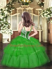 Custom Made Sleeveless Organza Floor Length Lace Up Kids Pageant Dress in Green with Appliques and Ruffled Layers
