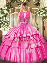 Hot Selling Hot Pink Two Pieces Beading and Ruffled Layers Quinceanera Dresses Zipper Tulle Sleeveless Floor Length