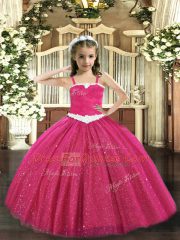 High End Hot Pink Sleeveless Floor Length Appliques Zipper Little Girls Pageant Dress Wholesale