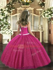 High End Hot Pink Sleeveless Floor Length Appliques Zipper Little Girls Pageant Dress Wholesale