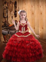 Sweet Red Lace Up Straps Embroidery and Ruffled Layers Little Girls Pageant Gowns Organza Sleeveless
