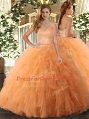 Custom Design Orange Ball Gowns Ruffles Quinceanera Gowns Lace Up Tulle Sleeveless Floor Length