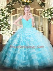 Delicate Aqua Blue Zipper Quince Ball Gowns Ruffled Layers Sleeveless Floor Length