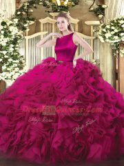 Decent Fuchsia Fabric With Rolling Flowers Clasp Handle Scoop Sleeveless Floor Length Vestidos de Quinceanera Belt