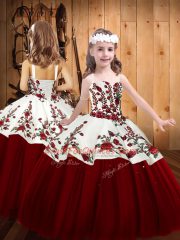 Tulle Straps Sleeveless Lace Up Embroidery Kids Pageant Dress in Red