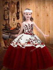 Tulle Straps Sleeveless Lace Up Embroidery Kids Pageant Dress in Red