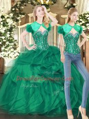 Dark Green Sleeveless Floor Length Beading and Ruffles Lace Up Quinceanera Dresses