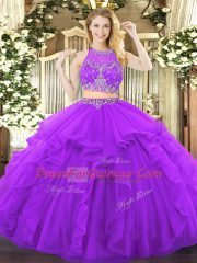 Custom Made Purple Zipper Quince Ball Gowns Beading and Ruffles Sleeveless Floor Length