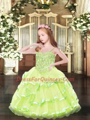 Superior Sleeveless Organza Floor Length Lace Up Child Pageant Dress in Yellow Green with Appliques