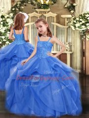 Blue Ball Gowns Sweetheart Sleeveless Organza Floor Length Lace Up Beading and Ruffles Vestidos de Quinceanera