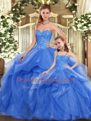 Blue Ball Gowns Sweetheart Sleeveless Organza Floor Length Lace Up Beading and Ruffles Vestidos de Quinceanera
