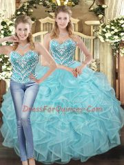 Floor Length Lace Up Sweet 16 Dresses Baby Blue for Military Ball and Sweet 16 and Quinceanera with Beading and Ruffles
