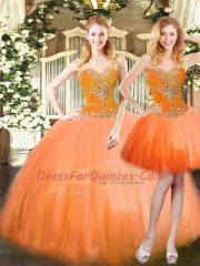 Modern Orange Red Lace Up Sweet 16 Quinceanera Dress Beading Sleeveless Floor Length