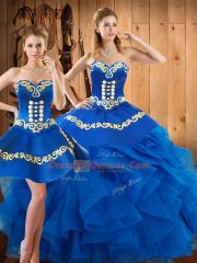Floor Length Blue Quinceanera Dress Satin and Organza Sleeveless Embroidery and Ruffles