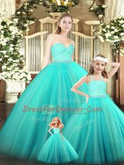Glorious Sleeveless Floor Length Beading and Lace Zipper 15 Quinceanera Dress with Turquoise