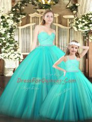 Glorious Sleeveless Floor Length Beading and Lace Zipper 15 Quinceanera Dress with Turquoise