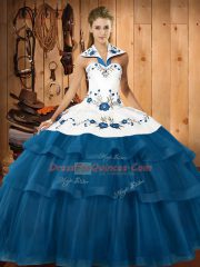 Modest Halter Top Sleeveless Organza Sweet 16 Quinceanera Dress Embroidery and Ruffled Layers Sweep Train Lace Up