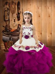 Hot Sale Purple Straps Neckline Embroidery and Ruffles Little Girl Pageant Gowns Sleeveless Lace Up