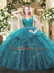 Unique V-neck Sleeveless Zipper Vestidos de Quinceanera Teal Tulle