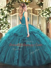 Unique V-neck Sleeveless Zipper Vestidos de Quinceanera Teal Tulle
