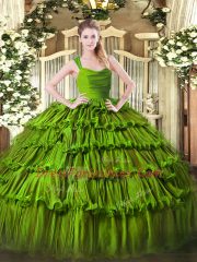 Olive Green Sleeveless Floor Length Ruffled Layers Zipper Sweet 16 Dress