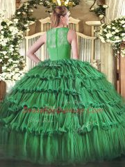 Olive Green Sleeveless Floor Length Ruffled Layers Zipper Sweet 16 Dress