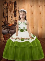 Sleeveless Lace Up Floor Length Embroidery and Ruffled Layers Child Pageant Dress