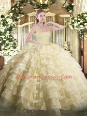 Pretty Beading and Ruffled Layers 15th Birthday Dress Gold Zipper Sleeveless Floor Length