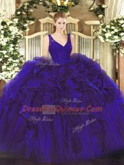 Glittering Organza V-neck Sleeveless Zipper Beading and Ruffles Quinceanera Dresses in Purple