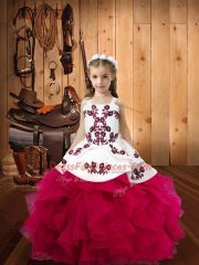 Fuchsia Straps Lace Up Embroidery and Ruffles Little Girls Pageant Gowns Sleeveless