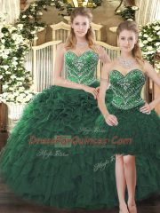 Flare Floor Length Dark Green Quinceanera Dresses Tulle Sleeveless Beading and Ruffles