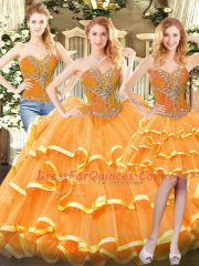 Floor Length Three Pieces Sleeveless Orange Red 15th Birthday Dress Lace Up