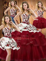 Sleeveless Embroidery Lace Up Quinceanera Gown with Wine Red Sweep Train