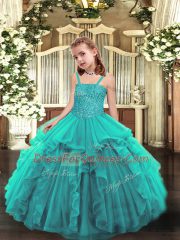 Discount Teal Lace Up Girls Pageant Dresses Beading and Ruffles Sleeveless Floor Length